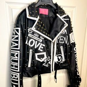 Azalea Wang Leopard Riveted Leather Jacket